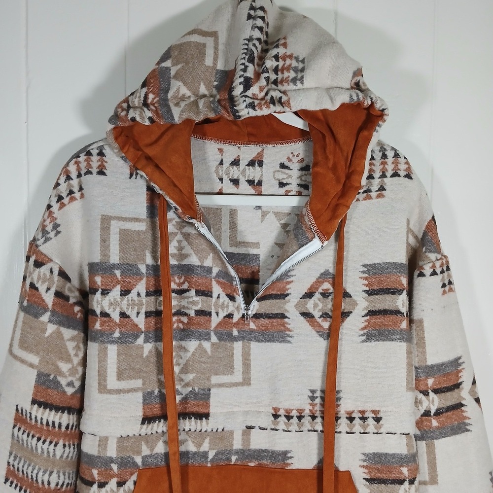 Southwestern Aztec Print Quarter Zip Hoodie Rust Geometric Pullover Women Large‎ - Picture 2 of 7
